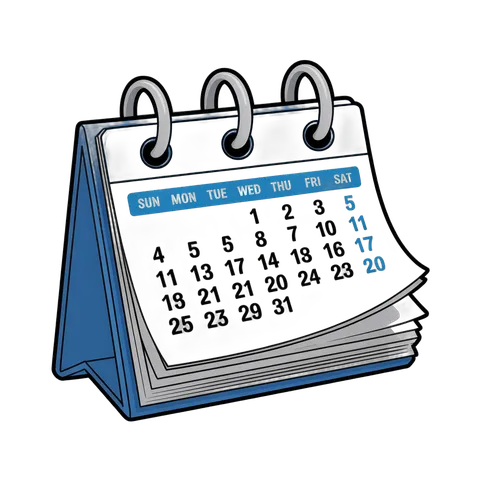 Cartoon calendar clipart showing first 20 days of a month with date grid for planning and design PNG