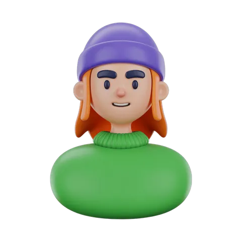 Cartoon girl wearing purple beanie and green sweater isolated clipart for digital illustrations PNG