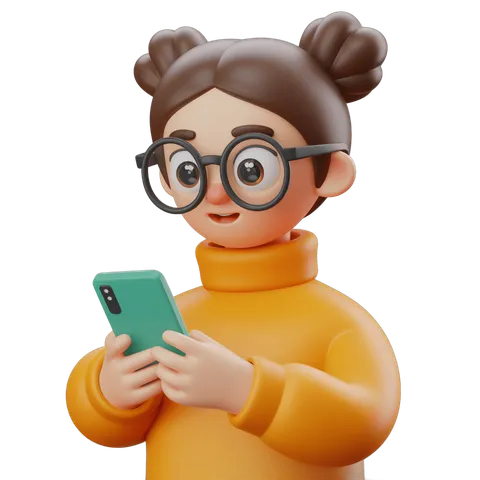 Cartoon girl with glasses using smartphone for social media content creation PNG