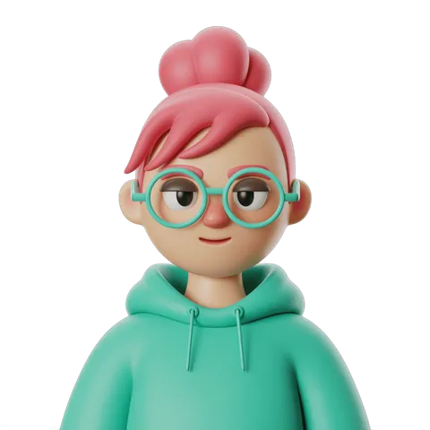 Cartoon girl with pink hair and glasses wearing green hoodie for digital illustrations and branding PNG