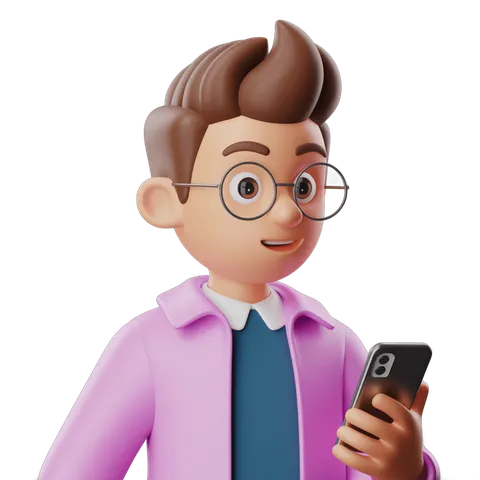 Cartoon man in glasses using smartphone with pink shirt and blue tie for presentations and apps PNG