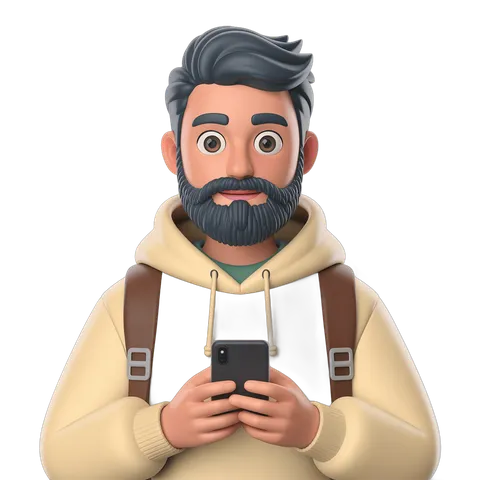 Cartoon man with beard using smartphone for social media content creation and online communication PNG