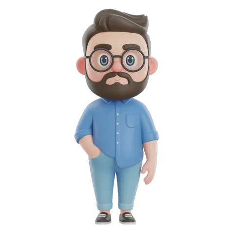 Cartoon man with glasses and beard in blue shirt and light blue pants for presentations and graphics PNG