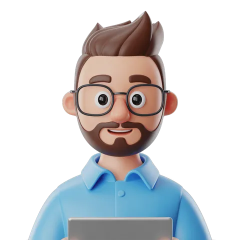 Cartoon man with glasses holding laptop for presentations and digital marketing illustrations PNG
