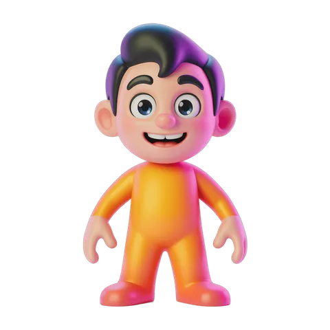 Cheerful cartoon boy character with purple hair and orange shirt for children illustrations PNG
