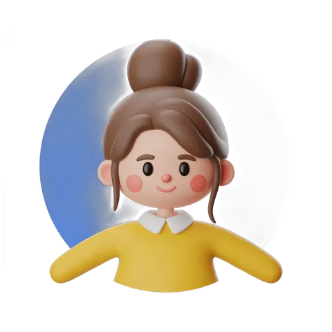Cheerful cartoon girl with brown hair in bun wearing yellow sweater for cheerful illustrations and branding PNG
