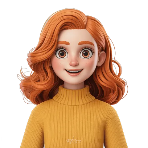 Cheerful cartoon girl with curly red hair wearing yellow turtleneck for children illustrations and branding PNG