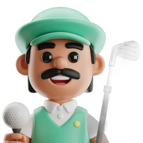 Cheerful cartoon golfer with microphone celebrating victory on green field PNG