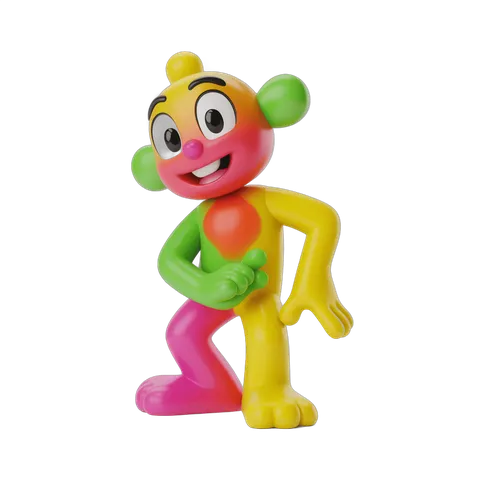 Cheerful cartoon monkey toy character dancing in vibrant colors for kids play and animation PNG