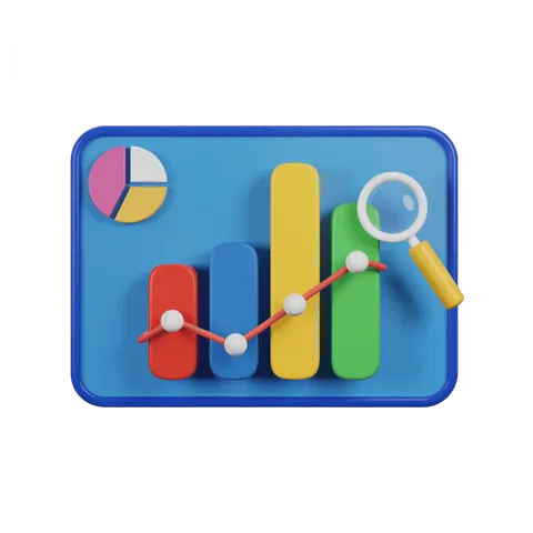Colorful 3d bar chart with pie chart and magnifying glass for business analytics presentation slides PNG