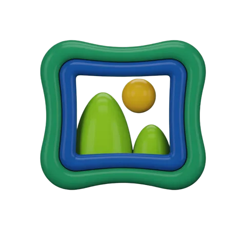 Colorful 3d gallery frame clipart with green frame and yellow sun for website graphics PNG