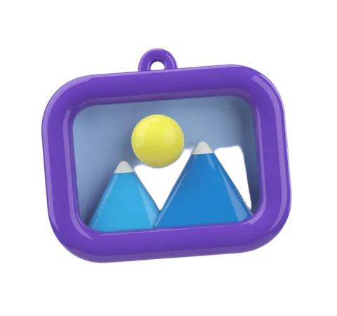 Colorful 3d gallery frame clipart with mountain landscape and yellow sun for website graphics PNG