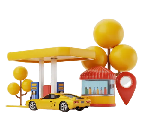 Colorful 3d gas station with car and convenience store for travel and road trip illustrations PNG