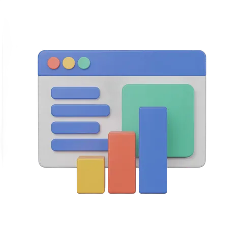 Colorful browser window with analytics bar chart icons for website statistics and data visualization PNG