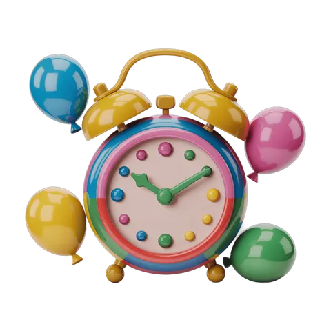 Colorful cartoon alarm clock with floating balloons for birthday party celebration design PNG
