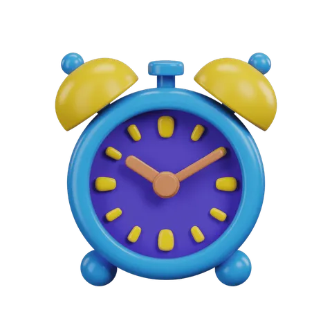 Colorful cartoon alarm clock with yellow bells and blue body for digital designs and presentations PNG