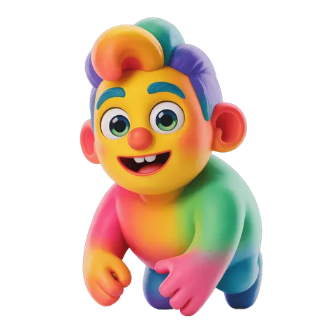 Colorful cartoon character running with rainbow hair isolated transparent background PNG
