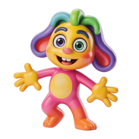 Colorful cartoon character toy with arms outstretched for kids play and animation PNG