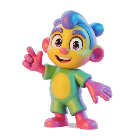 Colorful cartoon character waving in vibrant 3d style for kids content PNG
