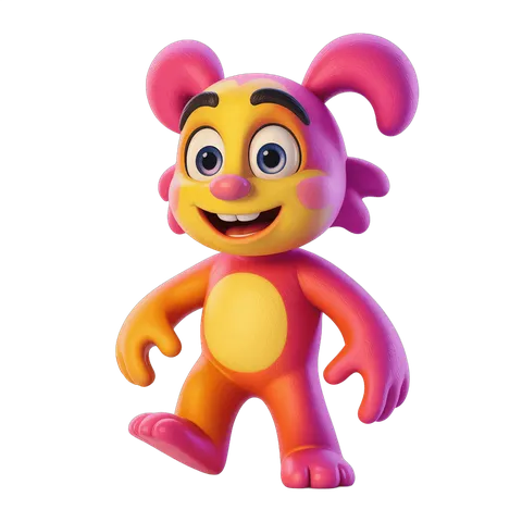 Colorful cartoon character with pink ears and yellow body walking cheerfully for children illustrations PNG