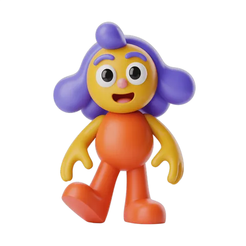 Colorful cartoon character with purple hair and orange body standing cheerfully PNG
