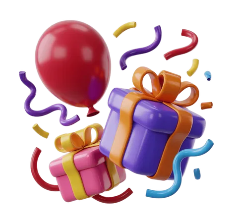 Colorful celebration gift box with balloons and confetti for party decorations and event invitations PNG