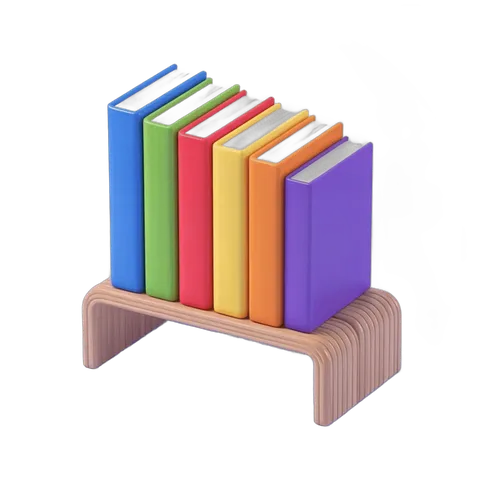 Colorful children's books neatly stacked on a small wooden shelf clipart illustration PNG