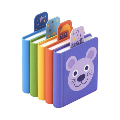 Colorful children's books stack with animal face and starry bookmark for educational kids content PNG