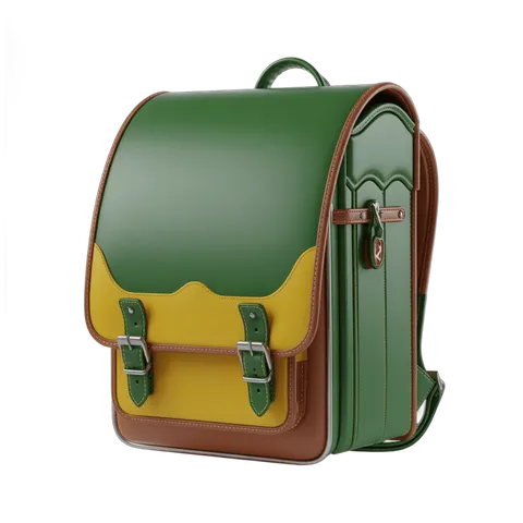 Colorful school backpack clipart with green yellow brown leather straps for educational graphics PNG