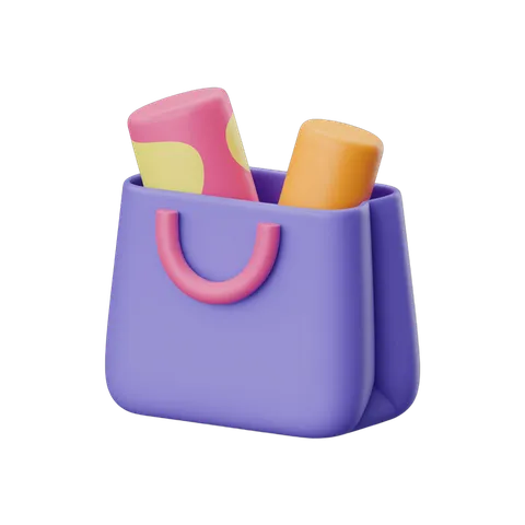 Colorful shopping bag clipart with three makeup brushes for beauty product packaging and marketing PNG