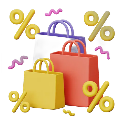 Colorful shopping bags with discount percentage signs for online sales promotions and deals PNG