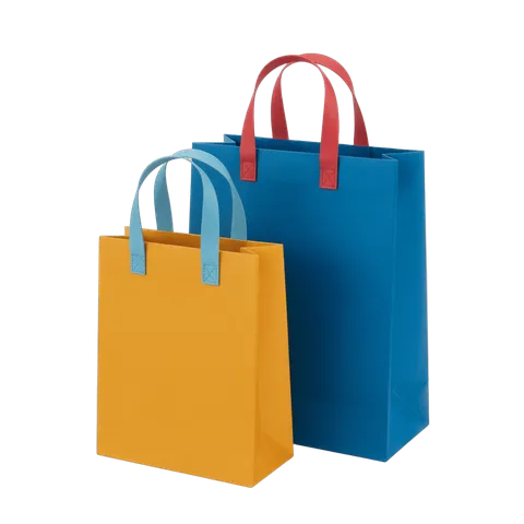 Colorful shopping bags with handles for online store packaging and branding materials PNG