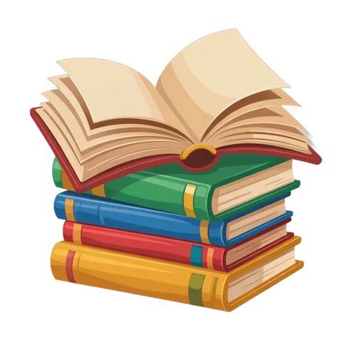 Colorful stack of books with open book on top for education and learning illustrations PNG