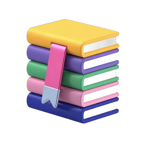 Colorful stack of books with pink bookmark isolated clipart for education and reading materials PNG