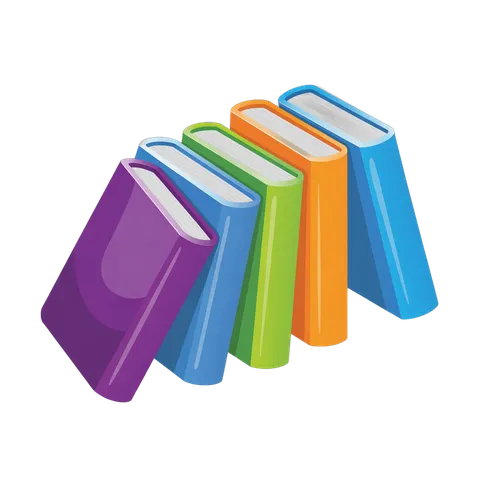Colorful stack of six glossy books isolated clipart for education and publishing design projects PNG
