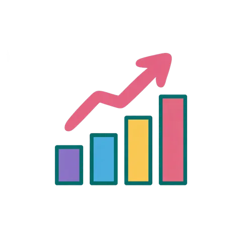 Colorful upward growth bar chart with rising arrow for business success and performance improvement presentations PNG