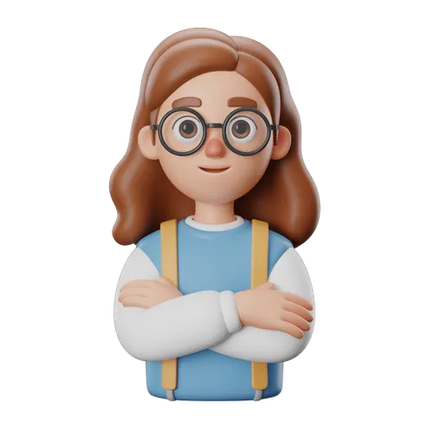 Confident cartoon girl with glasses and suspenders posing for educational or professional clipart PNG