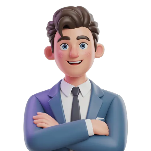 Confident professional cartoon businessman smiling with arms crossed for presentations and corporate graphics PNG