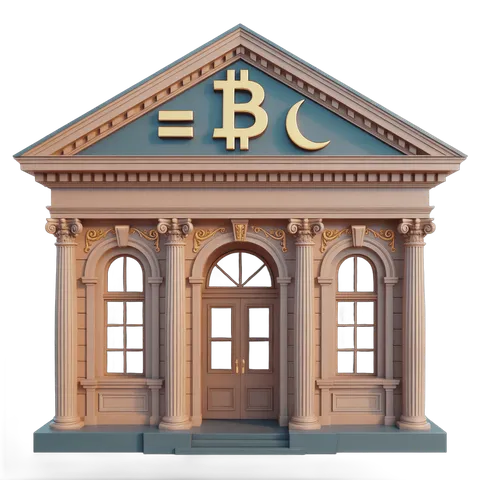 Cryptocurrency bank building illustration with bitcoin and moon symbol on roof for digital finance graphics PNG