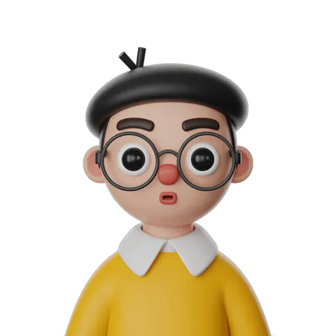 Cute cartoon boy with glasses and beret in yellow shirt isolated transparent background clipart PNG