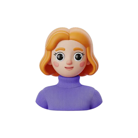 Cute cartoon girl with blonde hair in purple turtleneck for digital illustrations and branding PNG