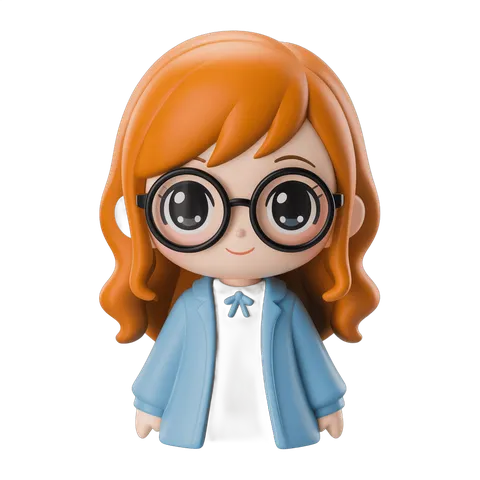 Cute cartoon girl with glasses wearing blue blazer and white shirt for children illustrations and branding PNG