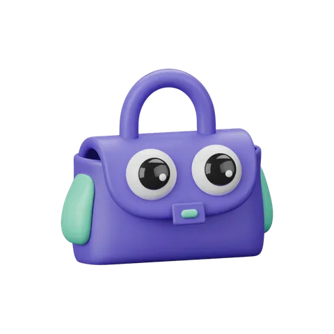 Cute cartoon purple handbag with big eyes isolated clipart for kids party invitations and children illustrations PNG