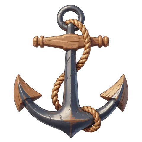 Detailed 3d cartoon anchor graphic element with rope for nautical themes and maritime branding PNG