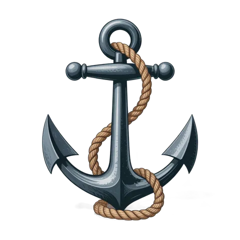 Detailed 3d cartoon anchor graphic element with rope for nautical logos and maritime branding PNG