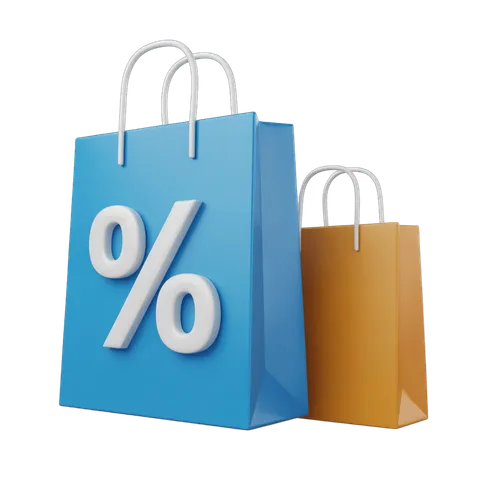 Discount sale shopping bags with percentage symbol for online deals and promotions PNG