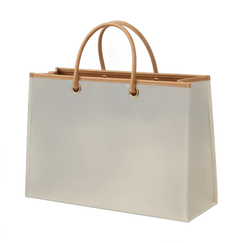 Elegant beige tote shopping bag with wooden handles for luxury retail branding and gift packaging PNG