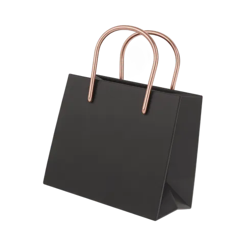 Elegant black shopping bag with copper handles isolated clipart for product packaging and branding designs PNG