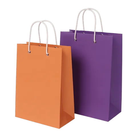 Elegant orange and purple shopping bags with handles for retail branding and gift packaging PNG