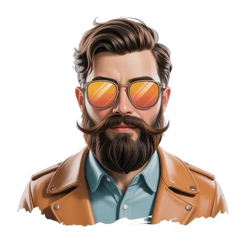Fashionable man with beard and sunglasses wearing leather jacket and blue shirt for branding and editorial use PNG